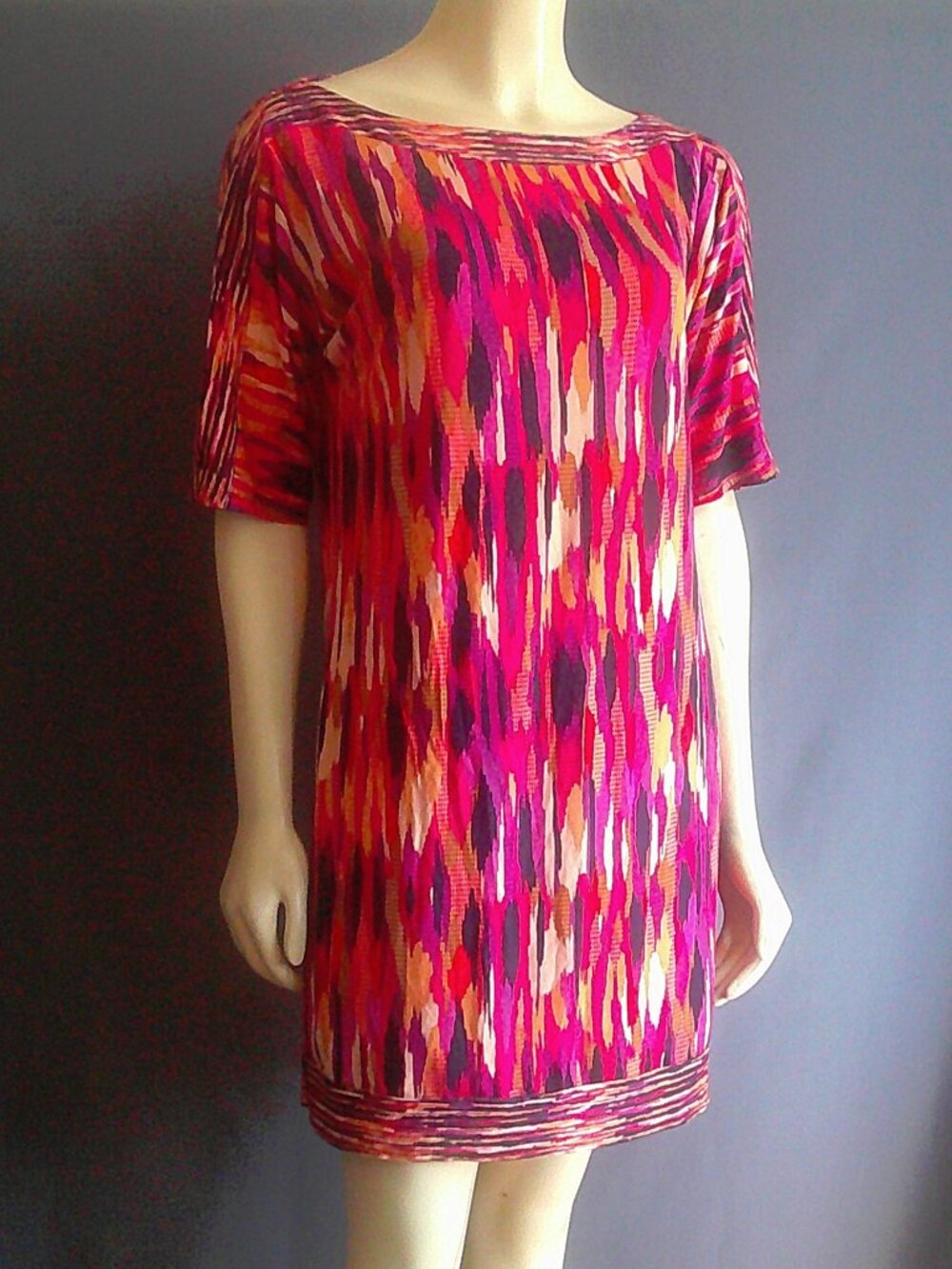 Trina Turk Magenta Purple Colorful Print Sleeve Slit Shift Dress 8
